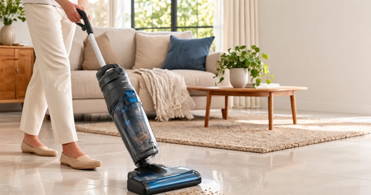 Aspirador de pó vertical limpando piso de porcelanato em sala de estar, ilustrando o guia de aspirador Philco 2026