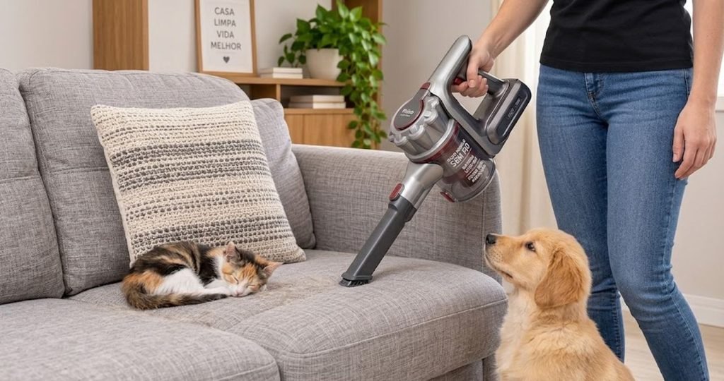 Aspirador Philco: Guia Completo com Modelos, Potência, Filtros e Como Escolher o Ideal em 2026 9 Aspirador de pó vertical limpando pelos de cachorro no sofá enquanto o animal descansa ao lado