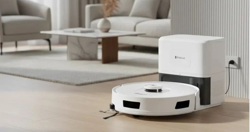 Como Escolher um Robô Aspirador: Guia Completo e Modelo Ideal em 2026 5 Robô aspirador com reservatório de água e pano de microfibra limpando o piso