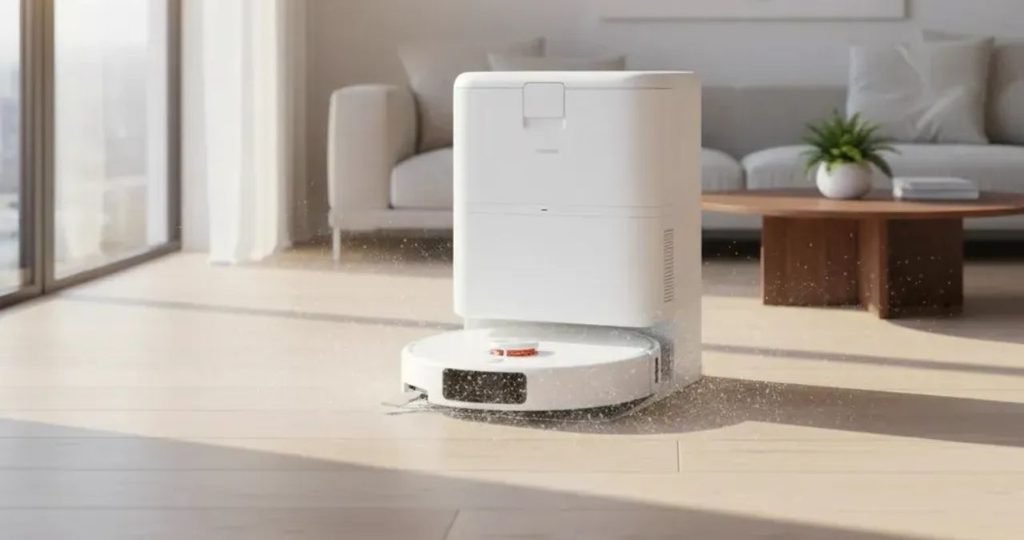 Como Escolher um Robô Aspirador: Guia Completo e Modelo Ideal em 2026 10 Robô aspirador preto limpando pelos de cachorro na sala